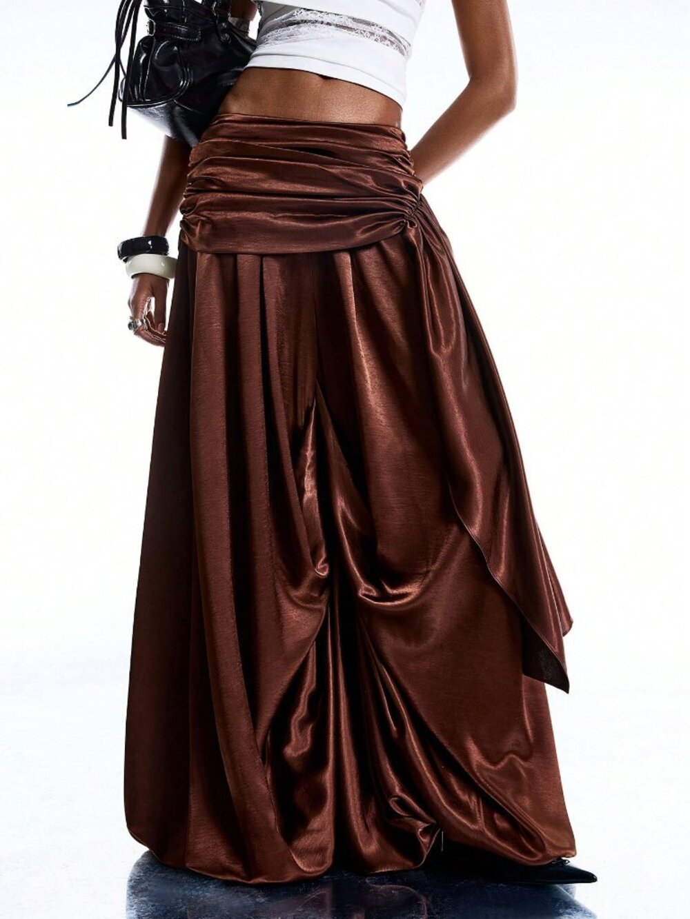 Coffee Brown Casual Women's Minimalism Draping Waist Loose Baggy Pants - Picture 3 of 5